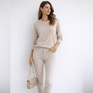 J. McLaughlin 100% Cashmere Mellie Crew Neck Sweater in Oatmeal with Pink Trim